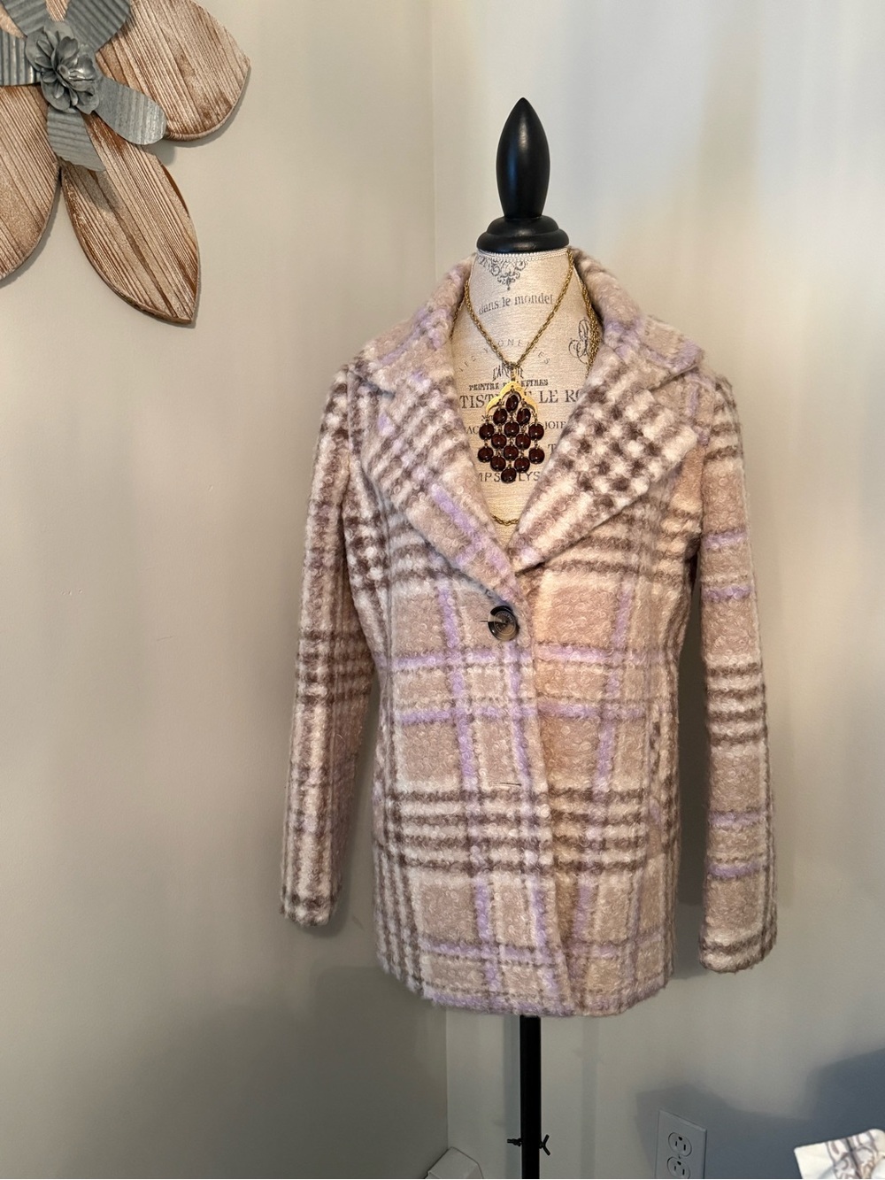 Sam Edelman Cream Plaid Pea Coat with Lavender Accents